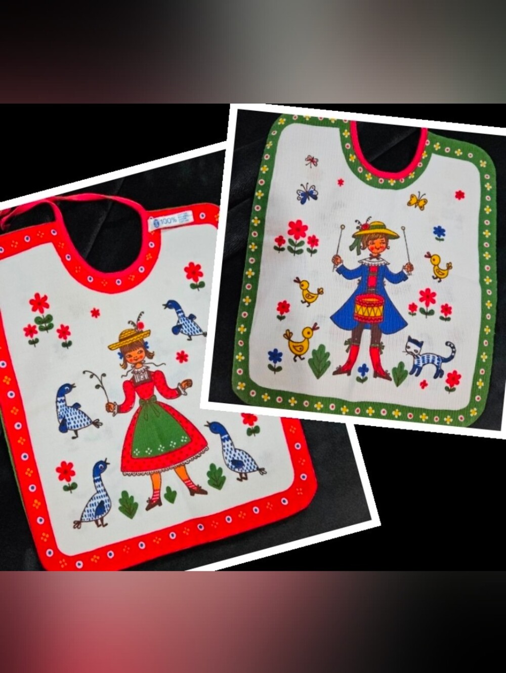 Vintage Baby Bib with Folk Art Print - Made in Austria